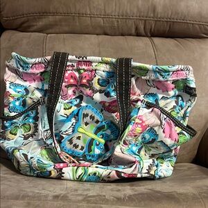 Thirty-One Multicolor Butterfly Tote Bag with matching butterfly charm.